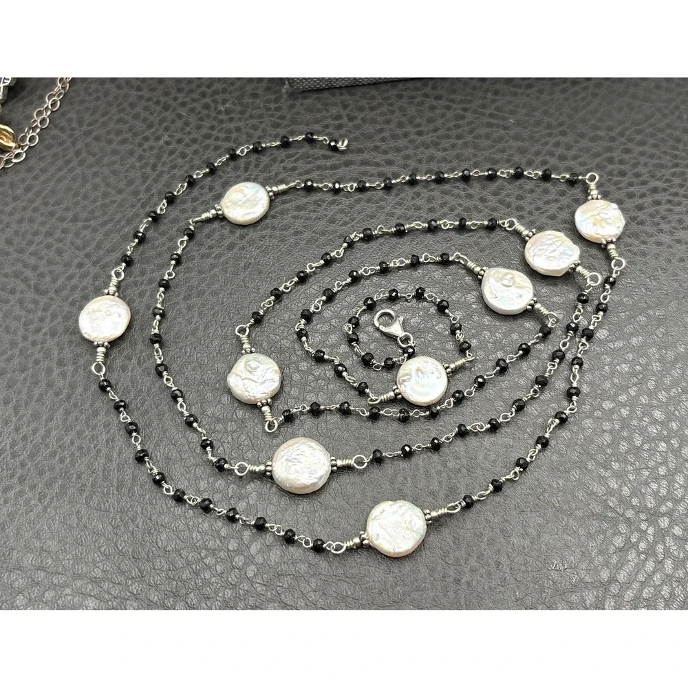 Vtg Coin Pearl Sterling Silver 925 Black Bead Necklace Opera Flapper Length 40